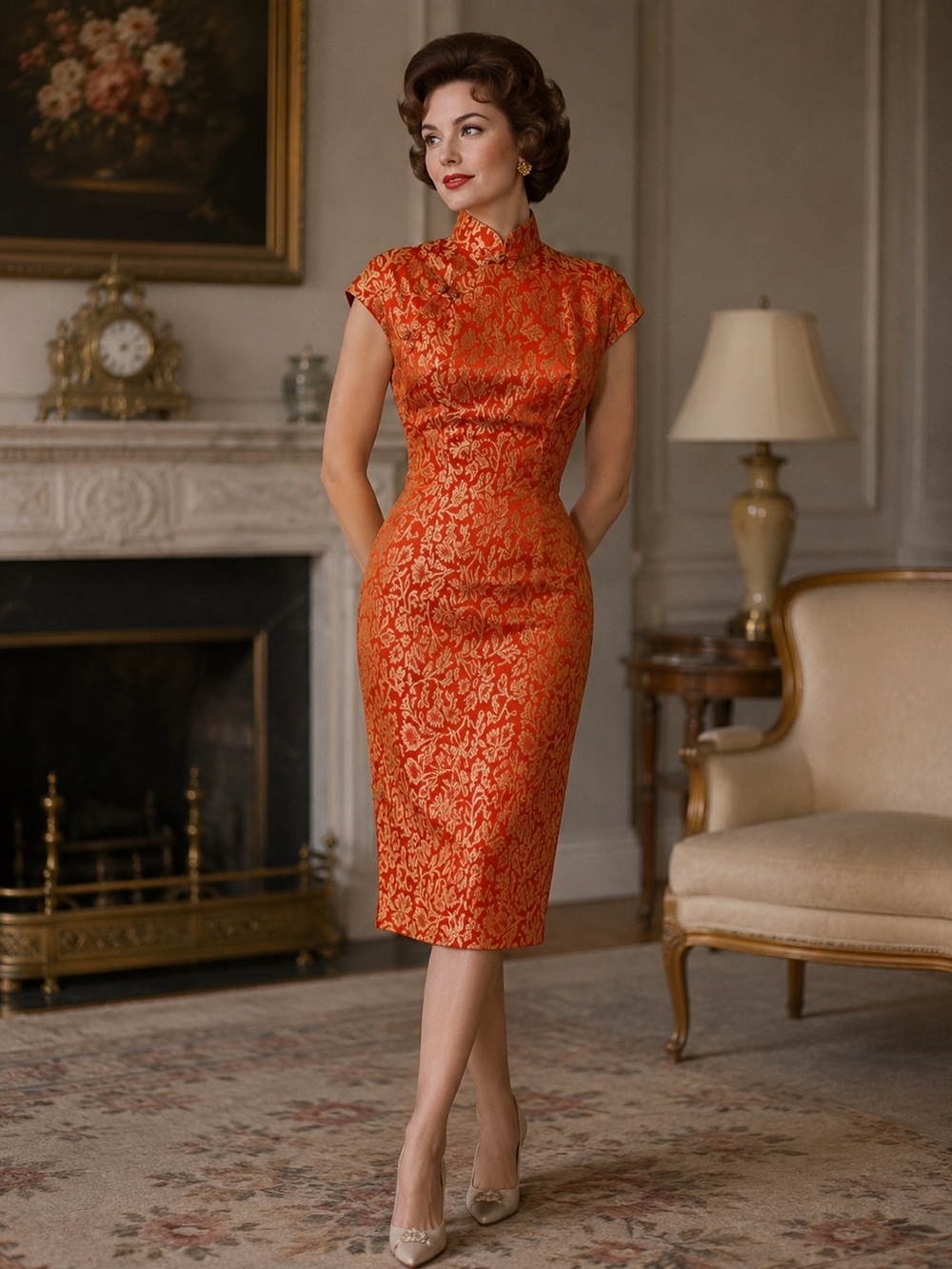✨ Vintage 1960s Orange & Gold Brocade Cheongsam Dress ✨